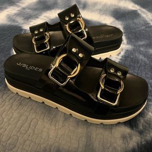 J/Slides, Baha Sandal 119AL1027-BLACK Black Patent Leather Womens Sz 9.5